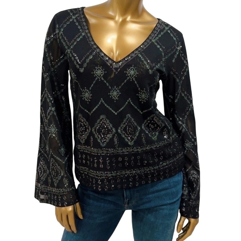 Express Black Sequin Bell Sleeve Top M Witchy Whimsigoth Romantic Goth Fleur